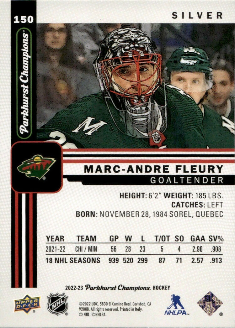 2022-23 Upper Deck Parkhurst Champions - Base - Silver #150 Marc-Andre Fleury - Minnesota Wild - B
