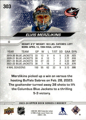 2023-24 Upper Deck Series 2 Hockey - Base #303 Elvis Merzlikins - Columbus Blue Jackets - B