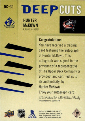 2023-24 Upper Deck SP Game Used Hockey - Deep Cuts - Auto :75 #DC-31 Hunter McKown - Columbus Blue Jackets - B