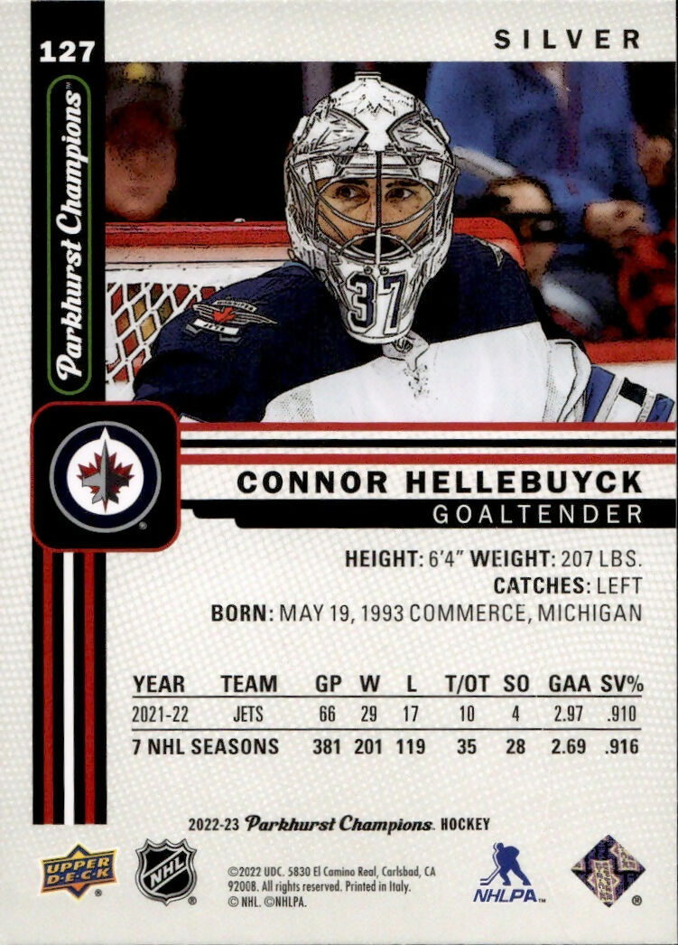 2022-23 Upper Deck Parkhurst Champions - Base - Silver #127 Connor Hellebuyck - Winnipeg Jets - B