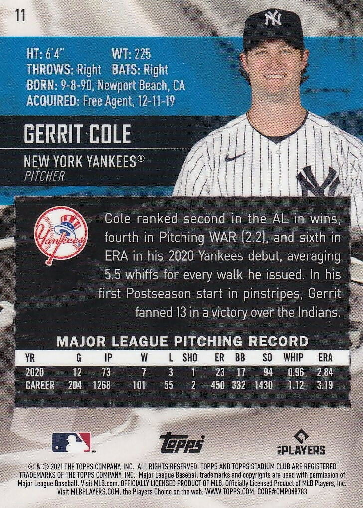 2021 Stadium Club Chrome #11 Gerrit Cole New York Yankees