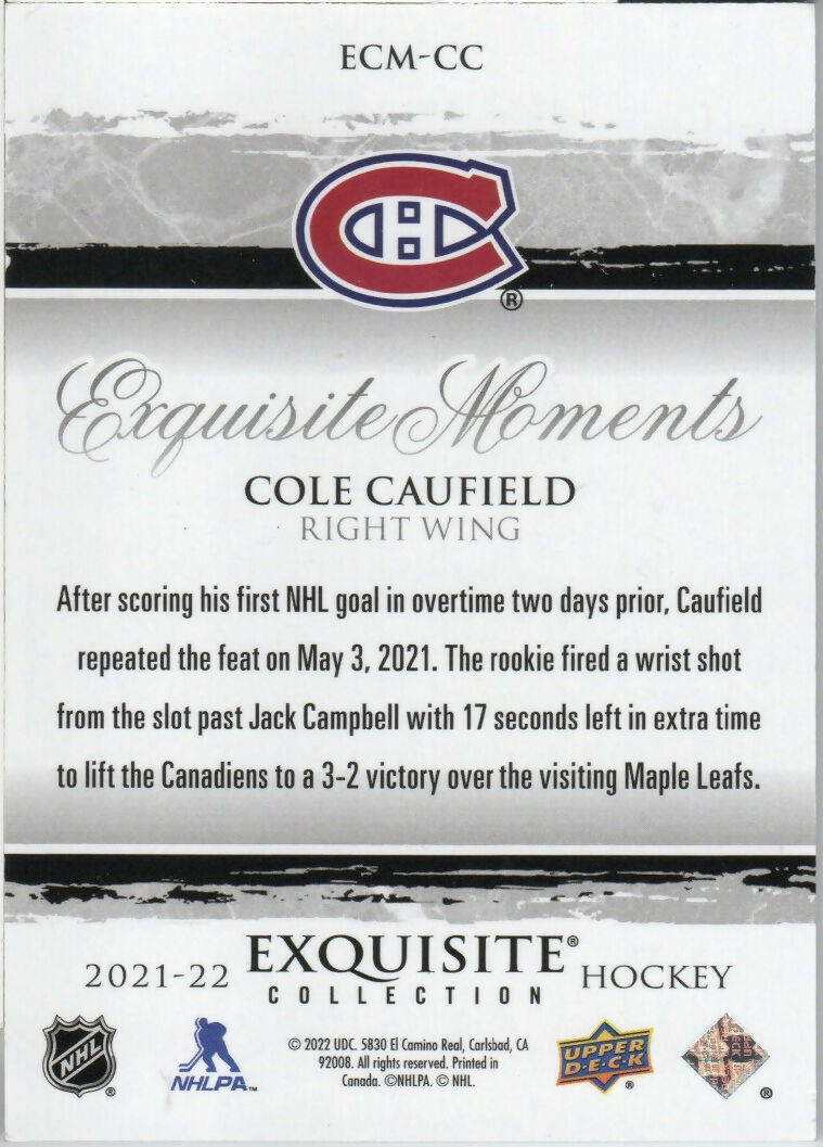 2021-22 Upper Deck Exquisite Collection Hockey - Exquisite Moments /399 #ECM-CC Cole Caufield - Montreal Canadiens