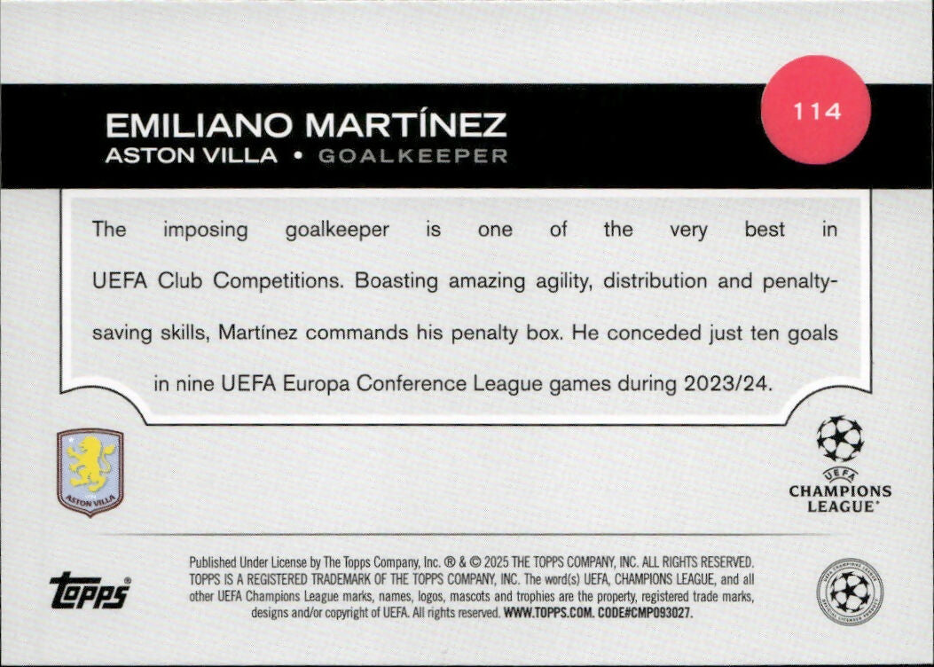 2024-25 Topps UEFA Club Competitions - Base #114 Emiliano Martinez - Aston Villa - B