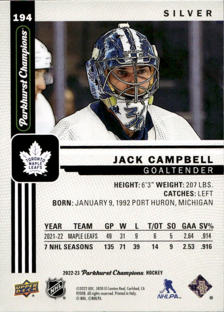 2022-23 Upper Deck Parkhurst Champions - Base - Silver #194 Jack Campbell - Toronto Maple Leafs - B