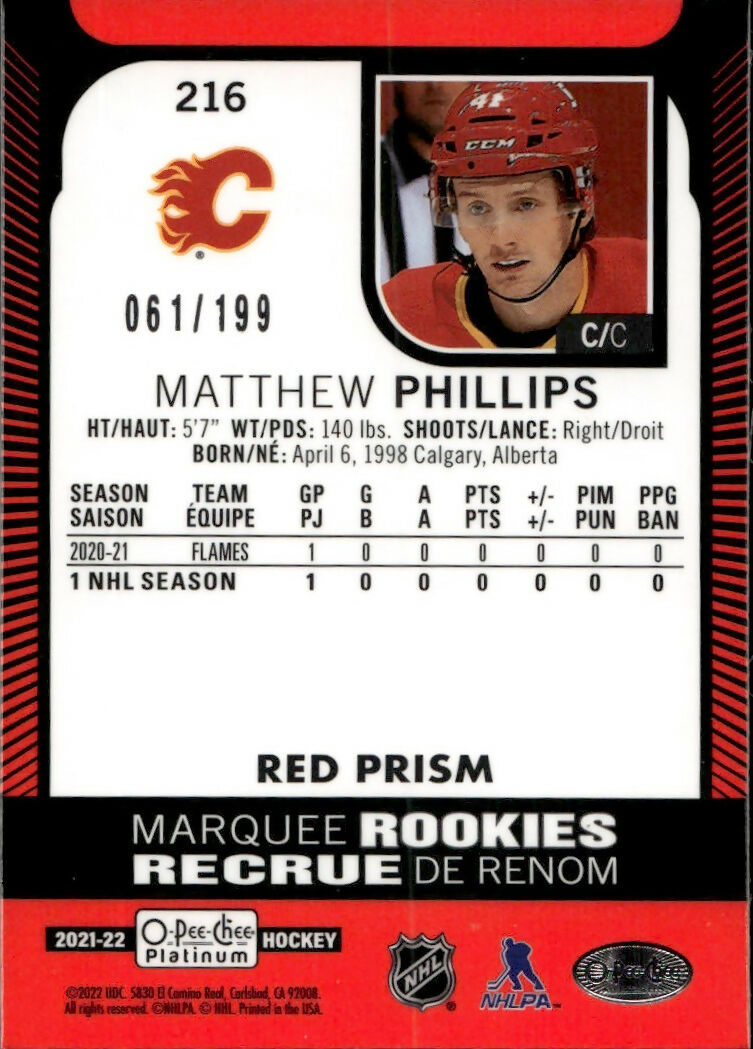 2021-22 Upper Deck O-Pee-Chee Platinum Hockey - Base - Red Prizm :199 #216 Matthew Phillips - Calgary Flames - B