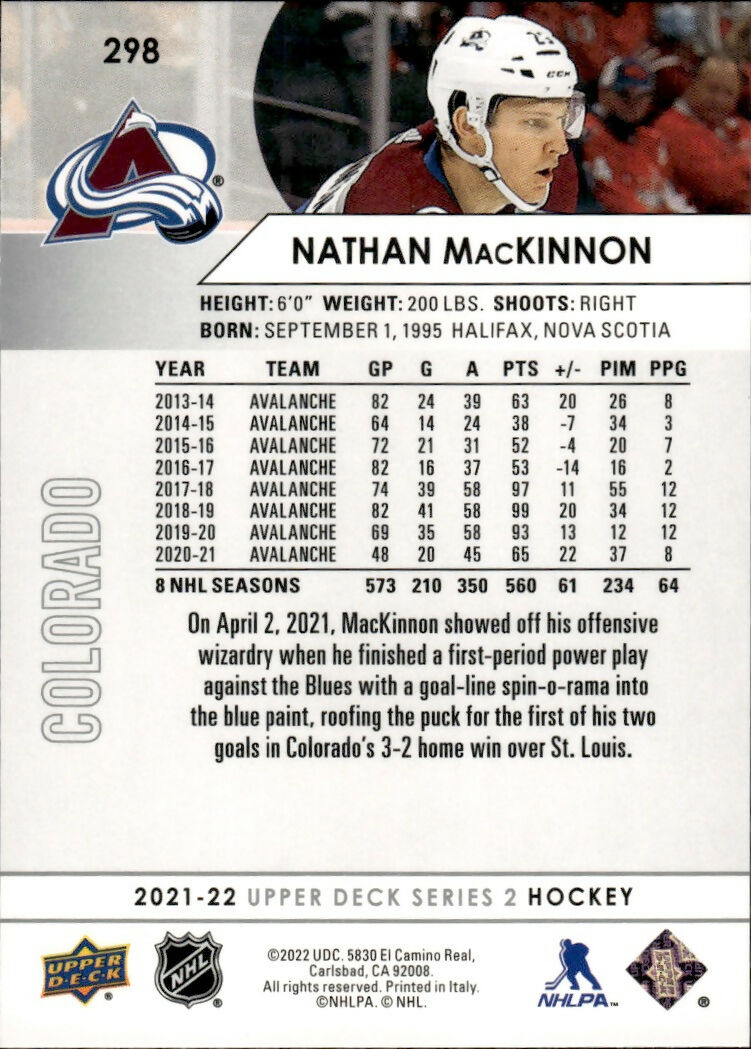 2021-22 Upper Deck Series 2 Hockey - Base #298 Nathan MacKinnon - Colorado Avalanche - B
