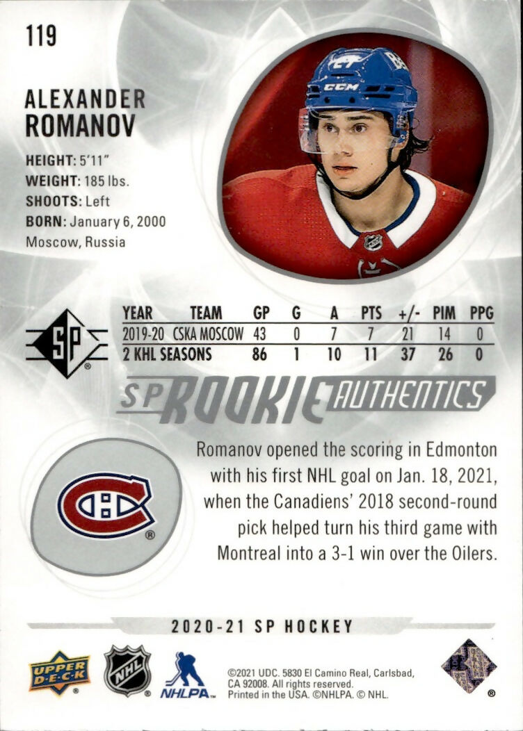 2020-21 Upper Deck SP Authentic Hockey - Base - Rookie Authentics :2299 #119 Alexander Romanov - Montreal Canadiens - B
