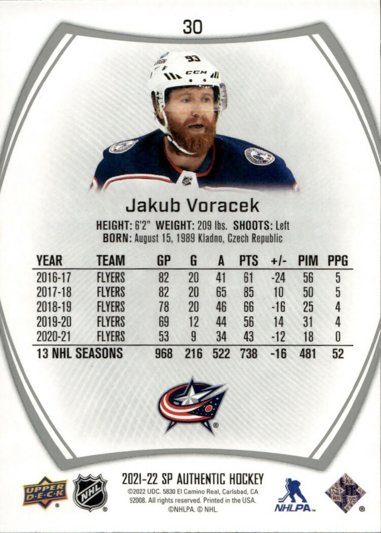 2021-22 Upper Deck SP Authentic Hockey - Base #30 Jakub Voracek - Columbus Blue Jackets - B