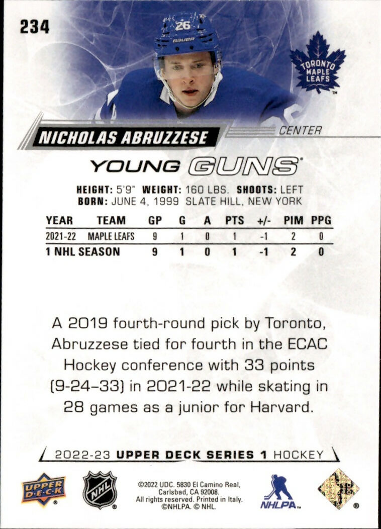 2022-23 Upper Deck Series 1 Hockey - Base - Young Guns #234 Nicholas Abruzzese - Toronto Maple Leafs - B