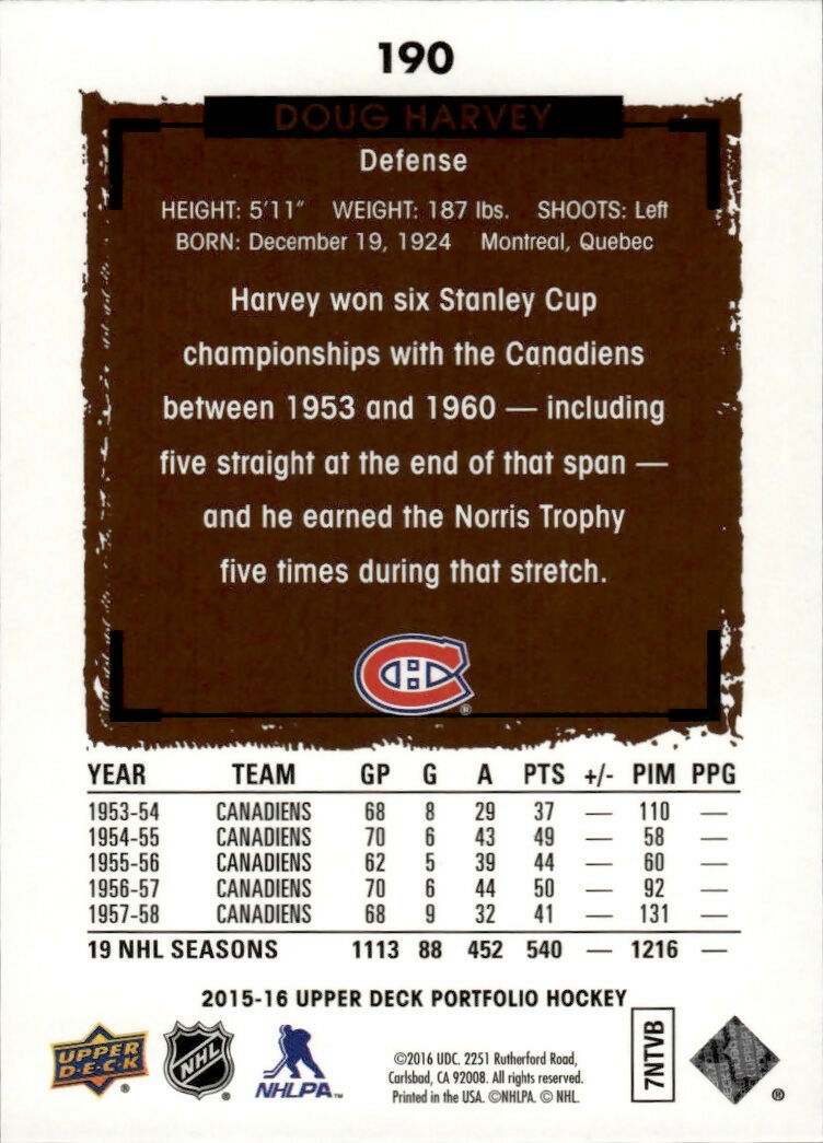 2015-16 Upper Deck Portfolio Hockey - Base #190 Doug Harvey - Montreal Canadiens