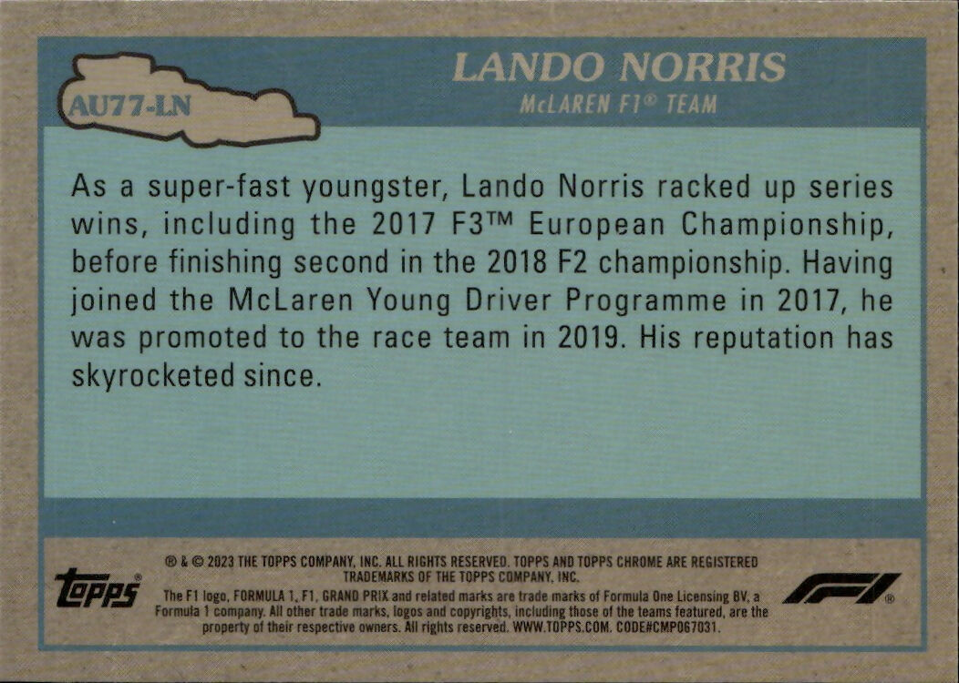 2023 Topps Chrome Formula 1 Autos of 1977 #AU77-LN Lando Norris - McLaren F1 Team - B