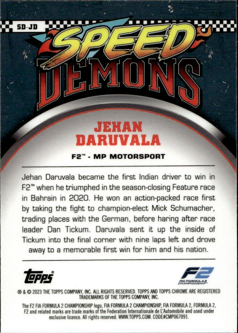2023 Topps Chrome Formula 1 Speed Demons #SD-JD Jehan Daruvala - F2 MP Motorsport - B