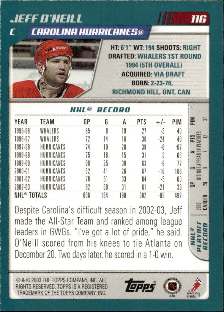 2003-04 O-Pee-Chee - Base - Blue :500 #116 Jeff O'Neill - Carolina Hurricanes - B