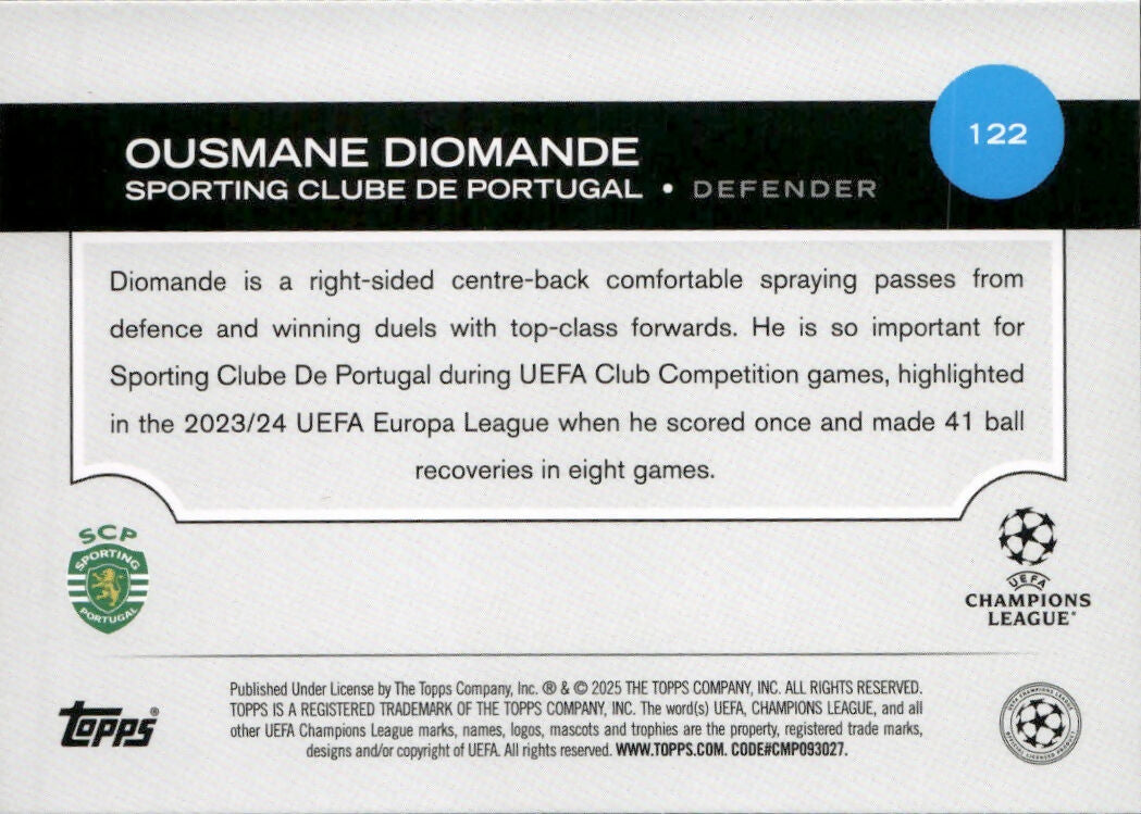 2024-25 Topps UEFA Club Competitions - Base #122 Ousmane Diomande - Sporting Clube De Portugal - B