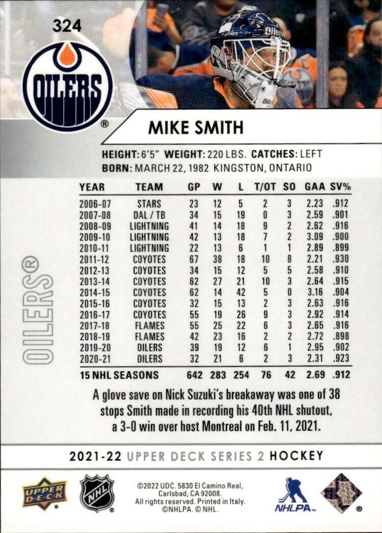 2021-22 Upper Deck Series 2 Hockey - Base #324 Mike Smith - Edmonton Oilers - B