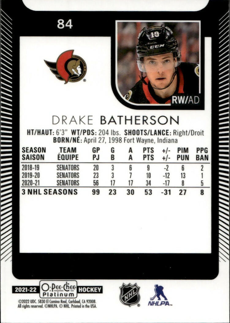 2021-22 Upper Deck O-Pee-Chee Platinum Hockey - Base #84 Drake Batherson - Ottawa Senators - B