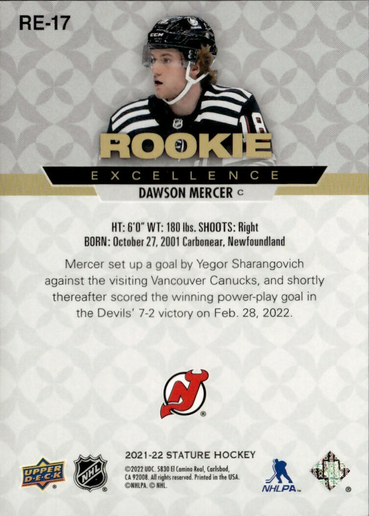 2021-22 Upper Deck Stature Hockey - Excellence - Rookie - Red :75 #RE-17 Dawson Mercer - New Jersey Devils - B