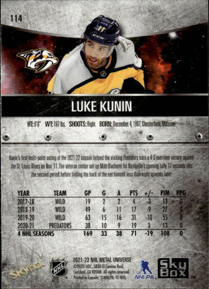 2021-22 Upper Deck Skybox Metal Universe Hockey Alt Jersey #114 Luke Kunin - Nashville Predators