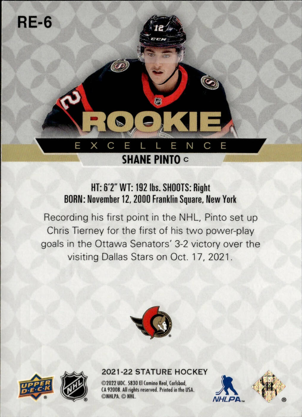 2021-22 Upper Deck Stature - Excellence - Rookie /125 #RE-6 Shane Pinto - Ottawa Senators