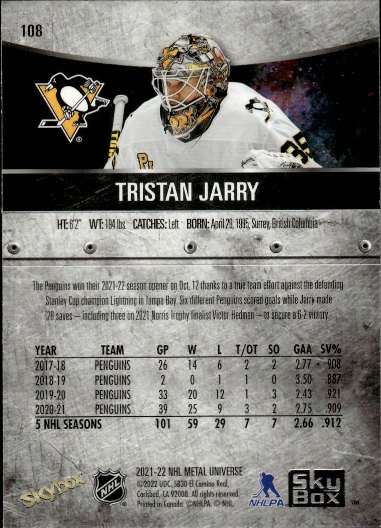 2021-22 Upper Deck Skybox Metal Universe Hockey Alt Jersey #108 Tristan Jarry - Pittsburgh Penguins