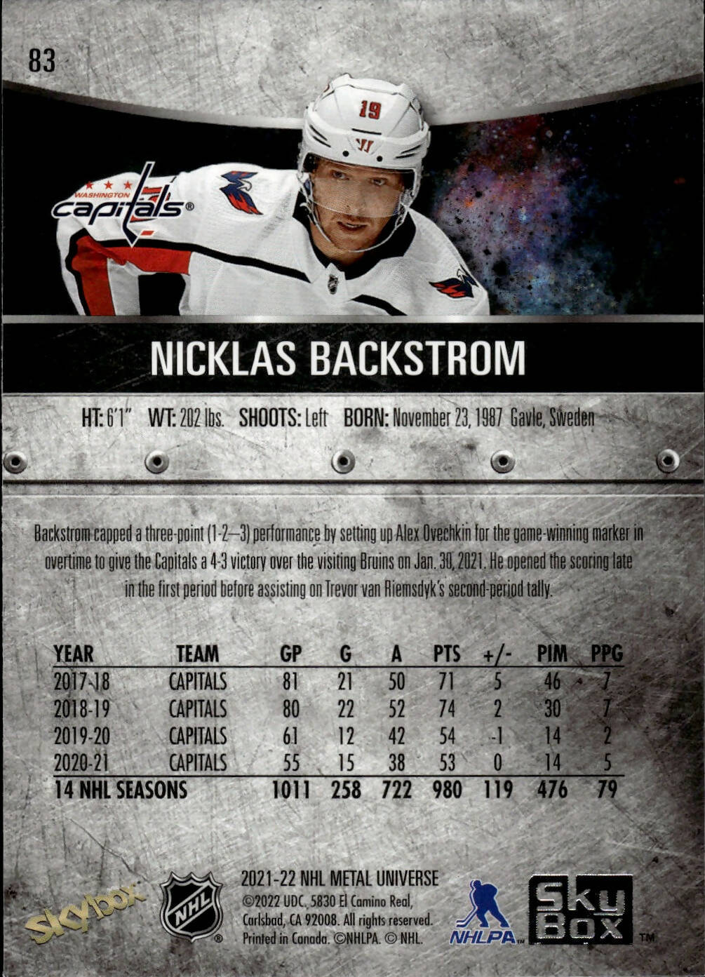 2021-22 Upper Deck Skybox Metal Universe Hockey Base #83 Nicklas Backstrom - Washington Capitals