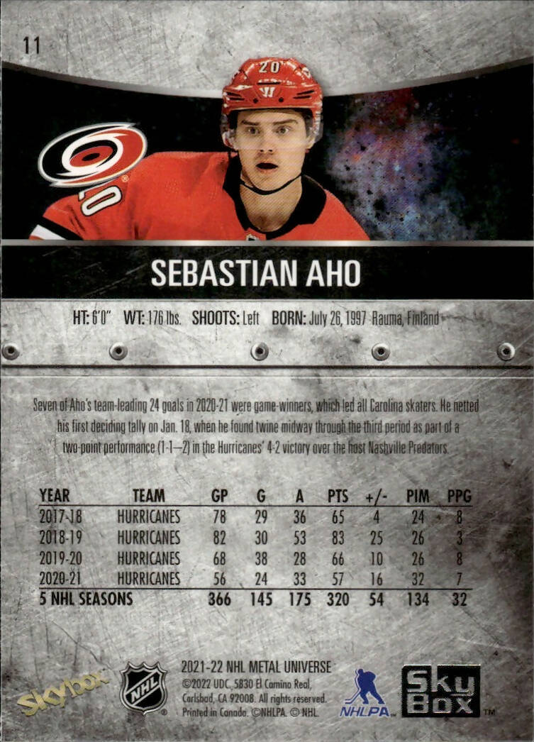 2021-22 Upper Deck Skybox Metal Universe Hockey Base #11 Sebastian Aho - Carolina Hurricanes