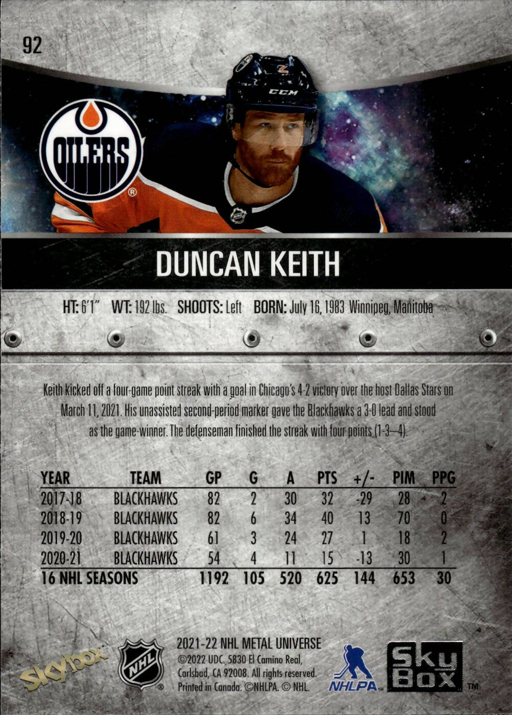 2021-22 Upper Deck Skybox Metal Universe Hockey Base #92 Duncan Keith - Edmonton Oilers