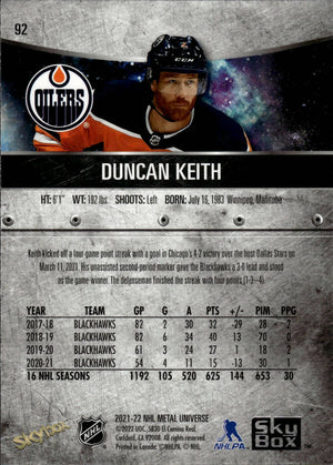 2021-22 Upper Deck Skybox Metal Universe Hockey Base #92 Duncan Keith - Edmonton Oilers