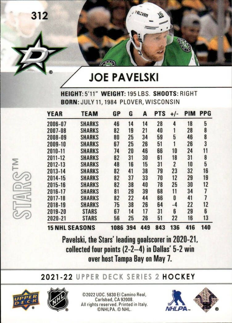 2021-22 Upper Deck Series 2 Hockey - Base #312 Joe Pavelski - Dallas Stars