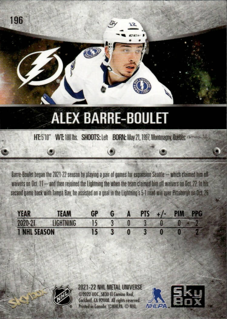 2021-22 Upper Deck Skybox Metal Universe Hockey Rookies #196 Alex Barre-Boulet - Tampa Bay Lightning