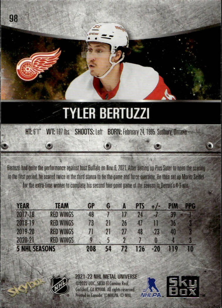 2021-22 Upper Deck Skybox Metal Universe Hockey Base #98 Tyler Bertuzzi - Detroit Red Wings