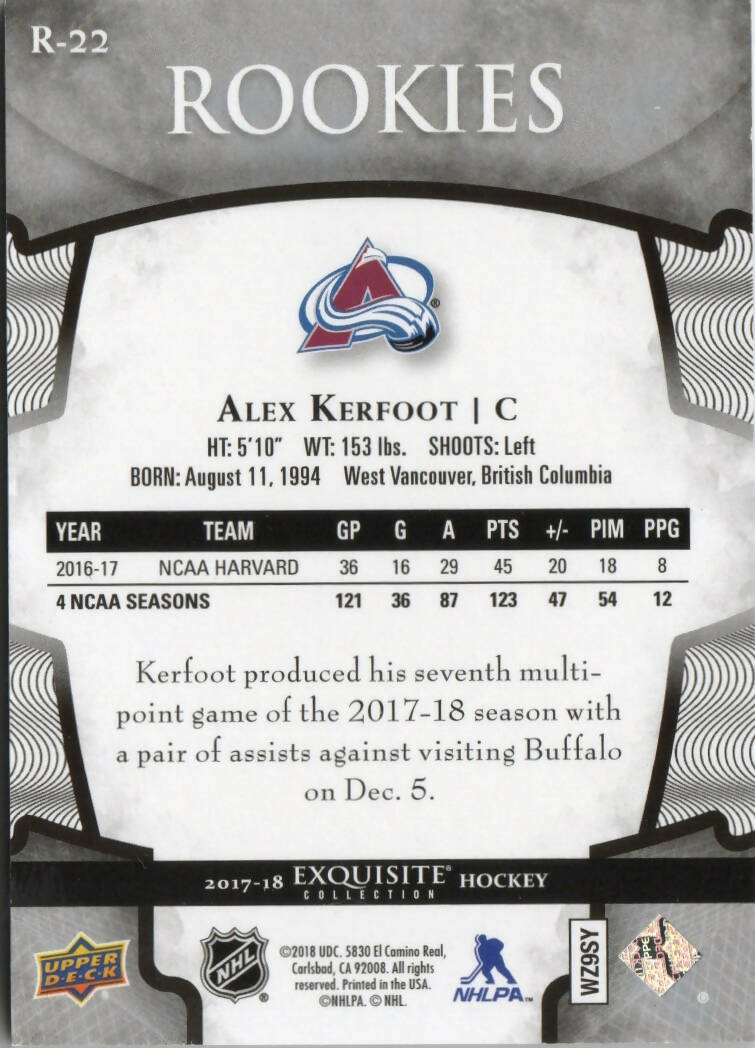 2017-18 Upper Deck Exquisite Collection Hockey - Rookies /275 #R22 Alex Kerfoot - Colorado Avalanche F