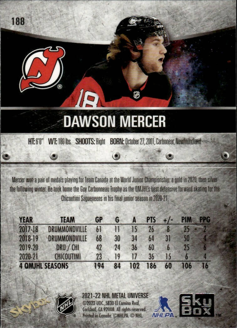 2021-22 Upper Deck Skybox Metal Universe Hockey Rookies #188 Dawson Mercer - New Jersey Devils