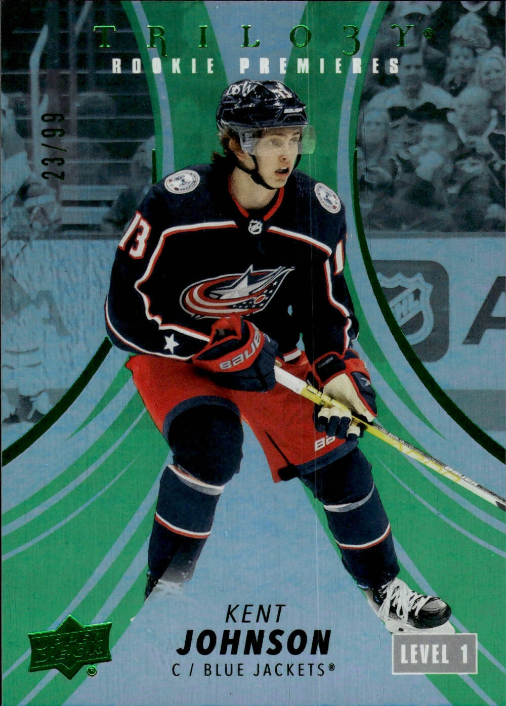 2022-23 Upper Deck Trilogy Hockey - Base - Rookie Premiers Level 1 - Green /99 #145 Kent Johnson - Columbus Blue Jackets