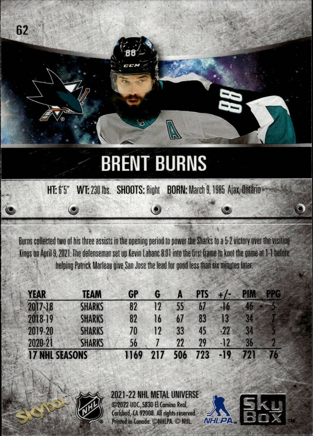 2021-22 Upper Deck Skybox Metal Universe Hockey Base #62 Brent Burns - San Jose Sharks