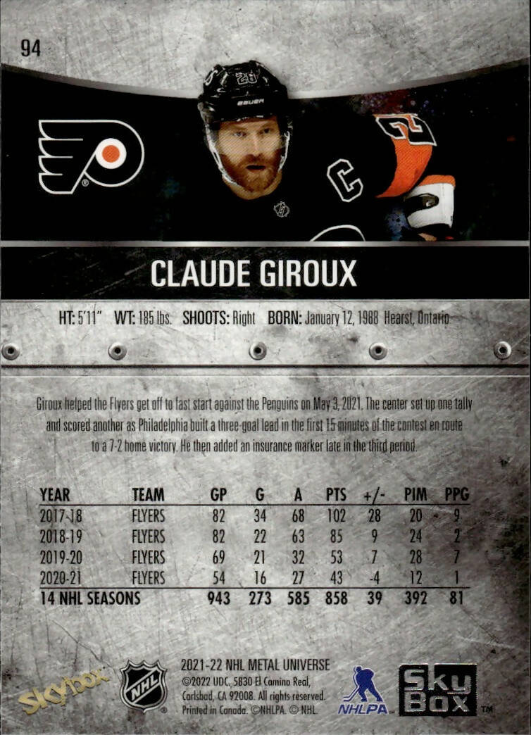 2021-22 Upper Deck Skybox Metal Universe Hockey Base #94 Claude Giroux - Philadelphia Flyers