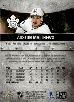 2021-22 Upper Deck Skybox Metal Universe Hockey Base #25 Auston Matthews - Toronto Maple Leafs