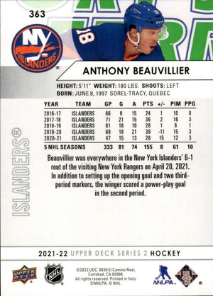 2021-22 Upper Deck Series 2 Hockey - Base #363 Anthony Beauvillier - New York Islanders