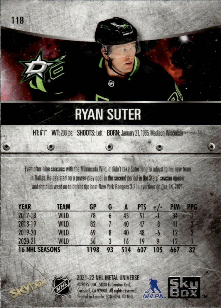 2021-22 Upper Deck Skybox Metal Universe Hockey Alt Jersey #118 Ryan Suter - Dallas Stars