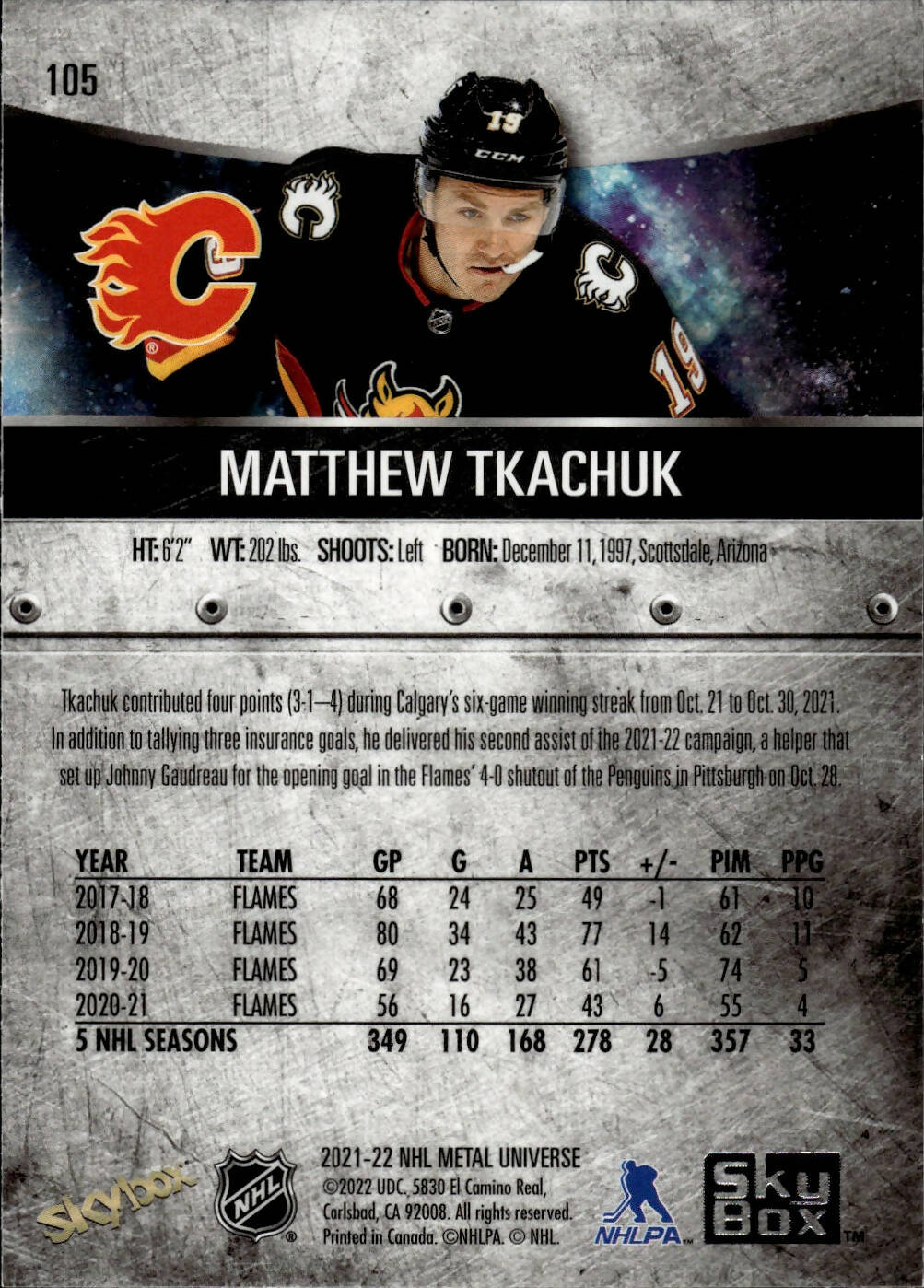 2021-22 Upper Deck Skybox Metal Universe Hockey Alt Jersey #105 Matthew Tkachuk - Calgary Flames