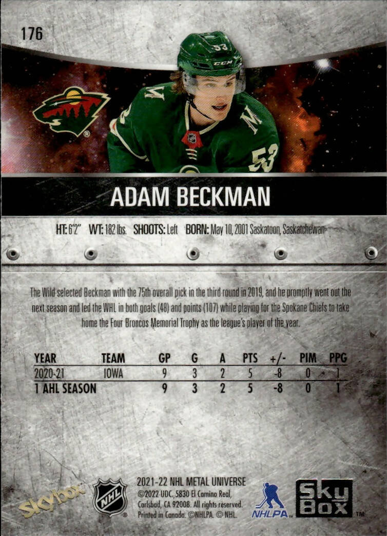 2021-22 Upper Deck Skybox Metal Universe Hockey Rookies #176 Adam Beckman - Minnesota Wild