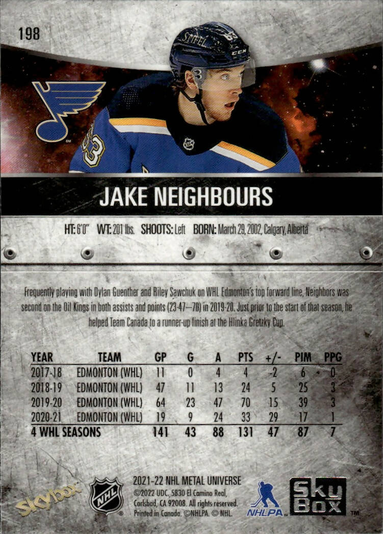 2021-22 Upper Deck Skybox Metal Universe Hockey Rookies #198 Jake Neighbours - St. Louis Blues