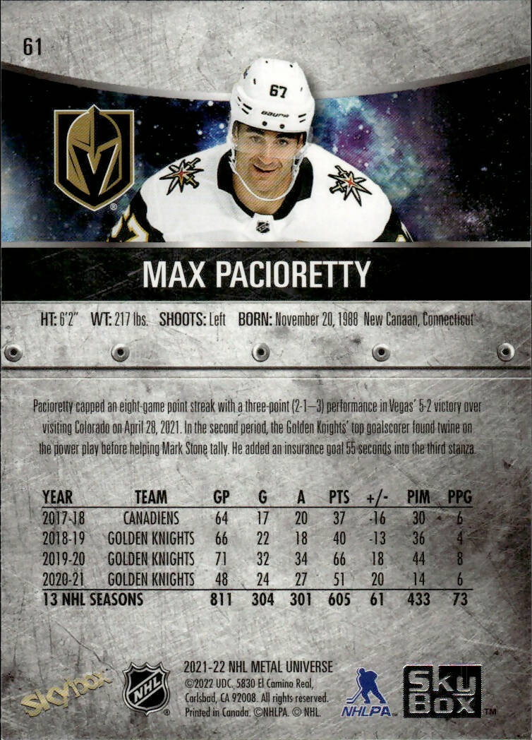 2021-22 Upper Deck Skybox Metal Universe Hockey Base #61 Max Pacioretty - Vegas Golden Knights