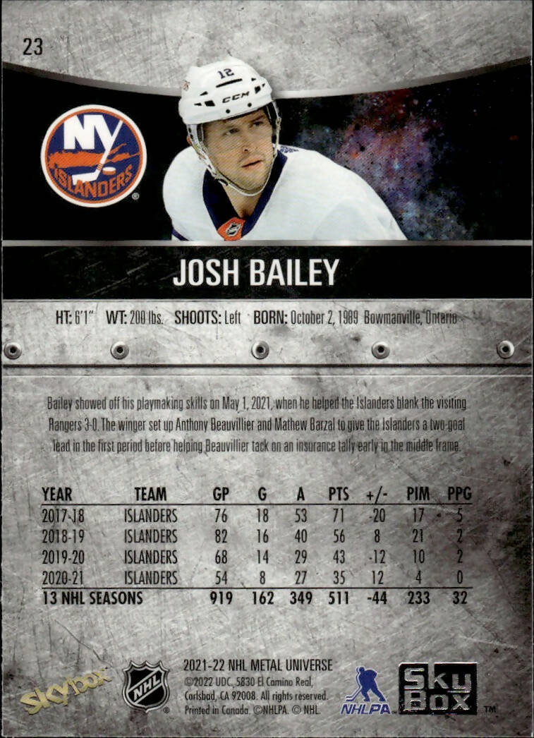 2021-22 Upper Deck Skybox Metal Universe Hockey Base #23 Josh Bailey - New York Islanders