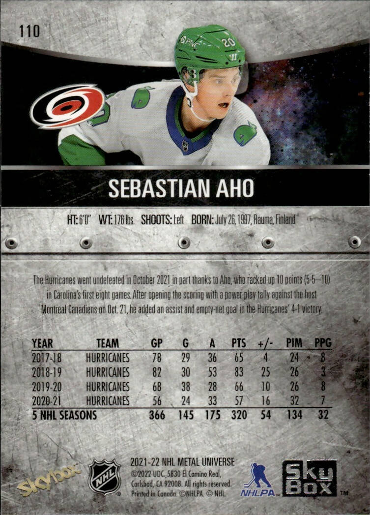 2021-22 Upper Deck Skybox Metal Universe Hockey Alt Jersey #110 Sebastian Aho - Carolina Hurricanes