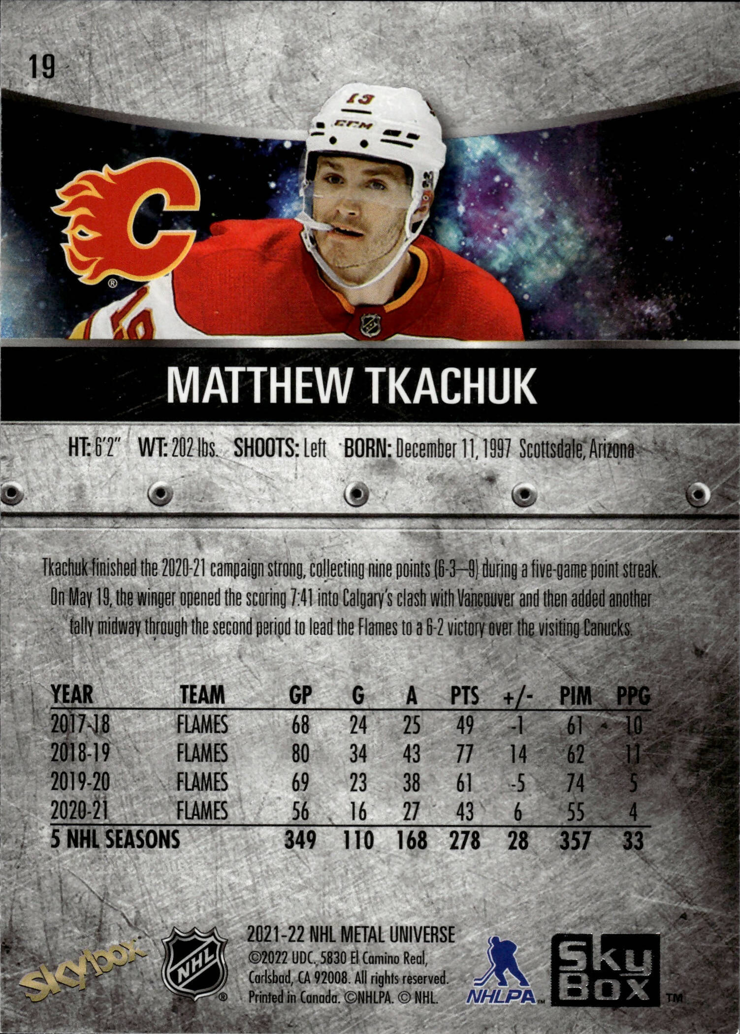 2021-22 Upper Deck Skybox Metal Universe Hockey Base #19 Matthew Tkachuk - Calgary Flames