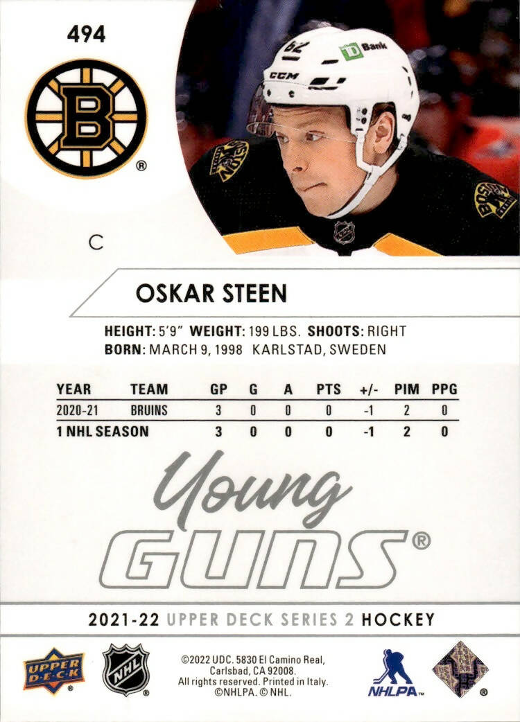 2021-22 Upper Deck Series 2 Hockey - Young Guns #494 Oskar Steen - Boston Bruins