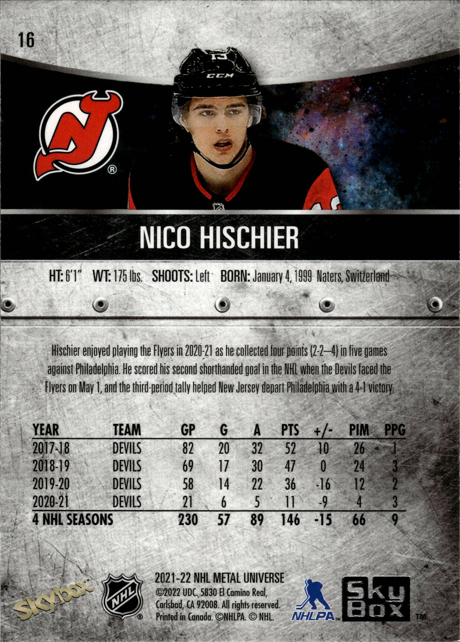 2021-22 Upper Deck Skybox Metal Universe Hockey Base #16 Nico Hischier - New Jersey Devils