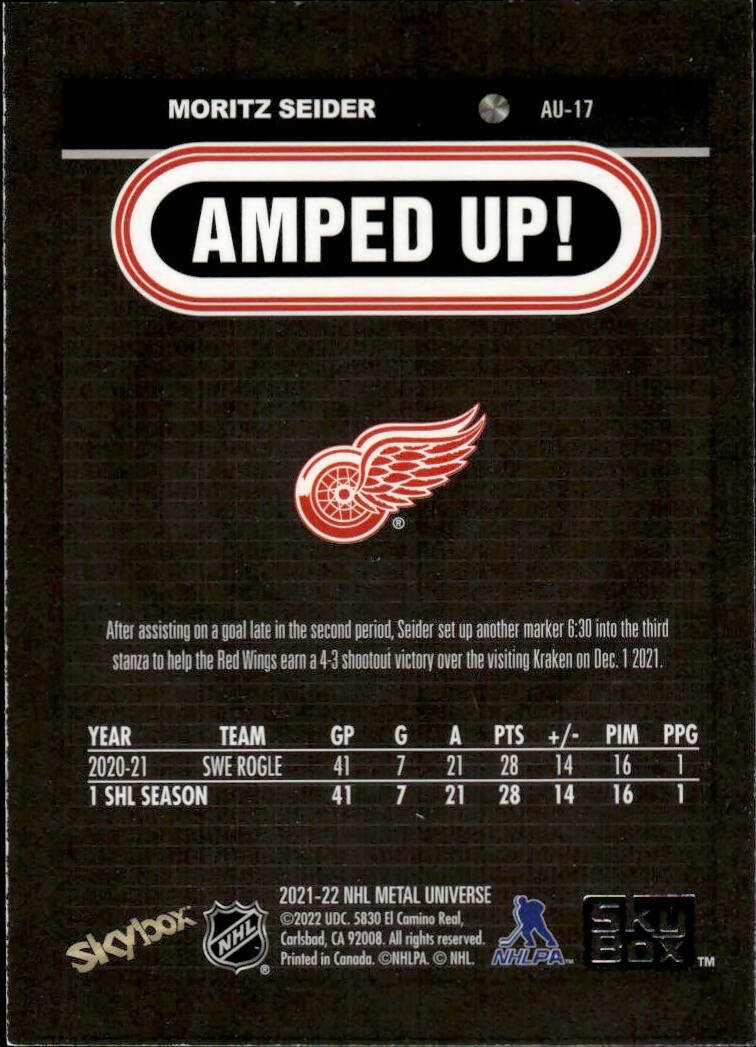 2021-22 Upper Deck Skybox Metal Universe Hockey Amped Up #AU-17 Moritz Seider - Detroit Red Wings