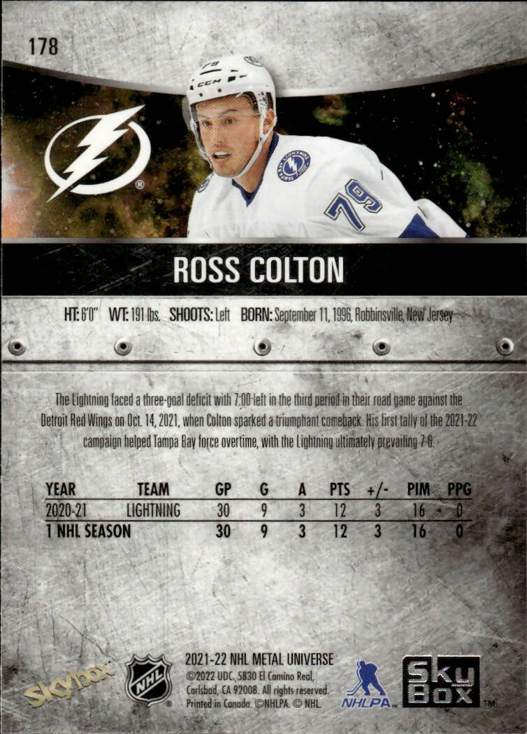 2021-22 Upper Deck Skybox Metal Universe Hockey Rookies #178 Ross Colton - Tampa Bay Lightning